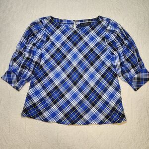 Laundry by Shelli Segal Plaid Print Puff Sleeve Blouse M
